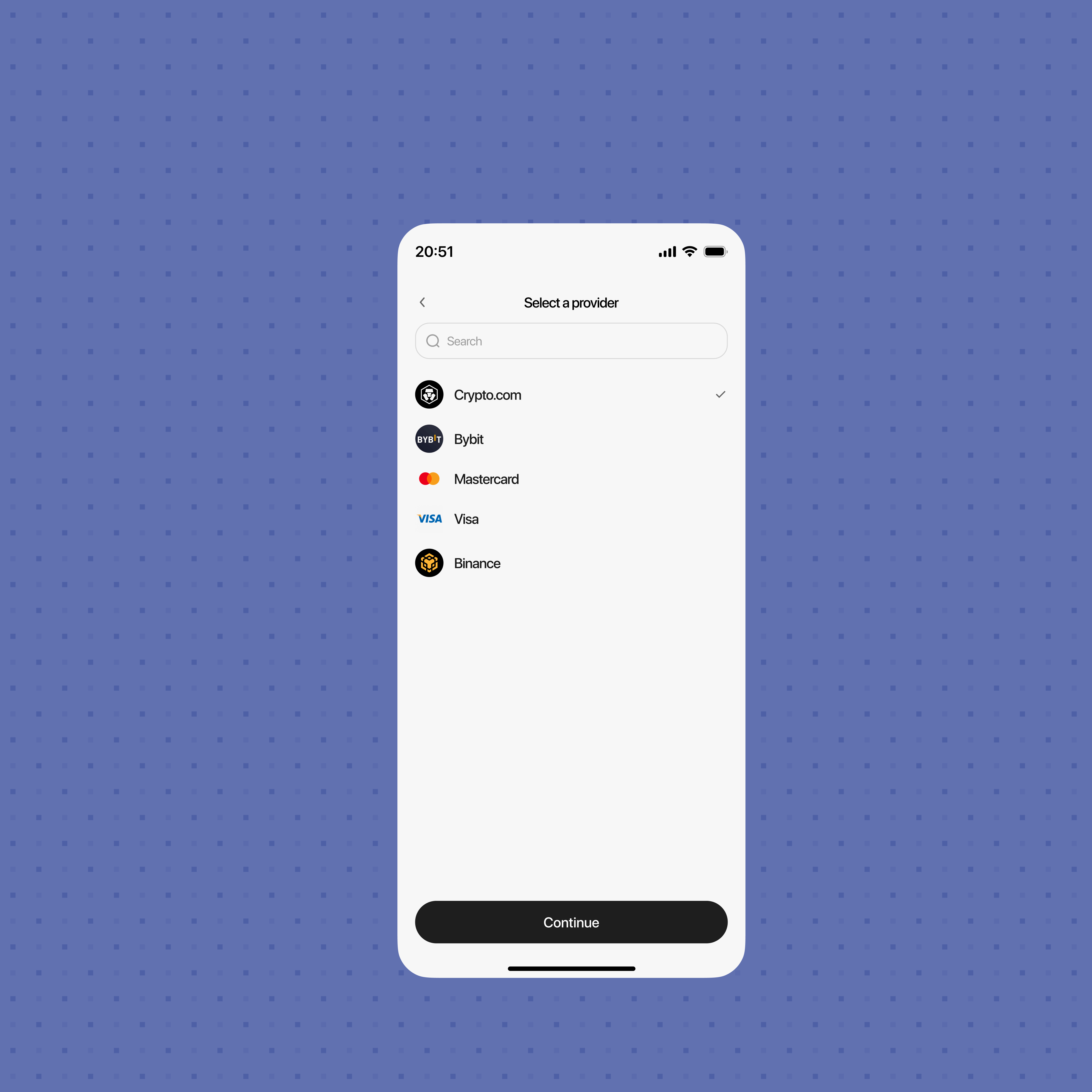 Selecting Provider For crypto Card (Screen 3) crypto product design ui