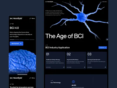 neurolyze: BCI Brain Computer Interface - Cognitive Computing UI 3d neuron bci website biotech landing page biotech web design biotech website biotechnology blue brain computer interface brain machine interface clean dark mode digital health ui minimal modern neurology website neuroscience neuroscience website neurotechnology