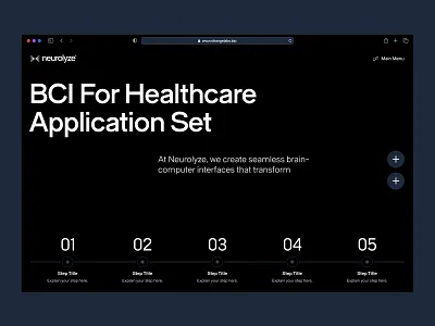 neurolyze: BCI Brain Computer Interface - Timeline How It Works bci website biotech landing page biotech web design biotech website biotechnology blue brain computer interface brain machine interface clean dark mode digital health ui how it works ui minimal modern neurology ui neurology website neuroscience website neurotechnology timeline ui