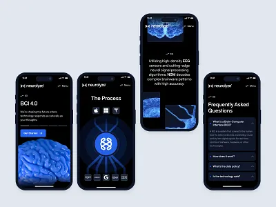 neurolyze: BCI Brain Computer Interface - Mobile UI Pattern #2 3d brain 3d neuron bci website biotech landing page biotech web design biotech website biotechnology blue brain computer interface brain machine interface clean dark mode minimal modern neurology website neuroscience neuroscience mobile neuroscience website neurotechnology