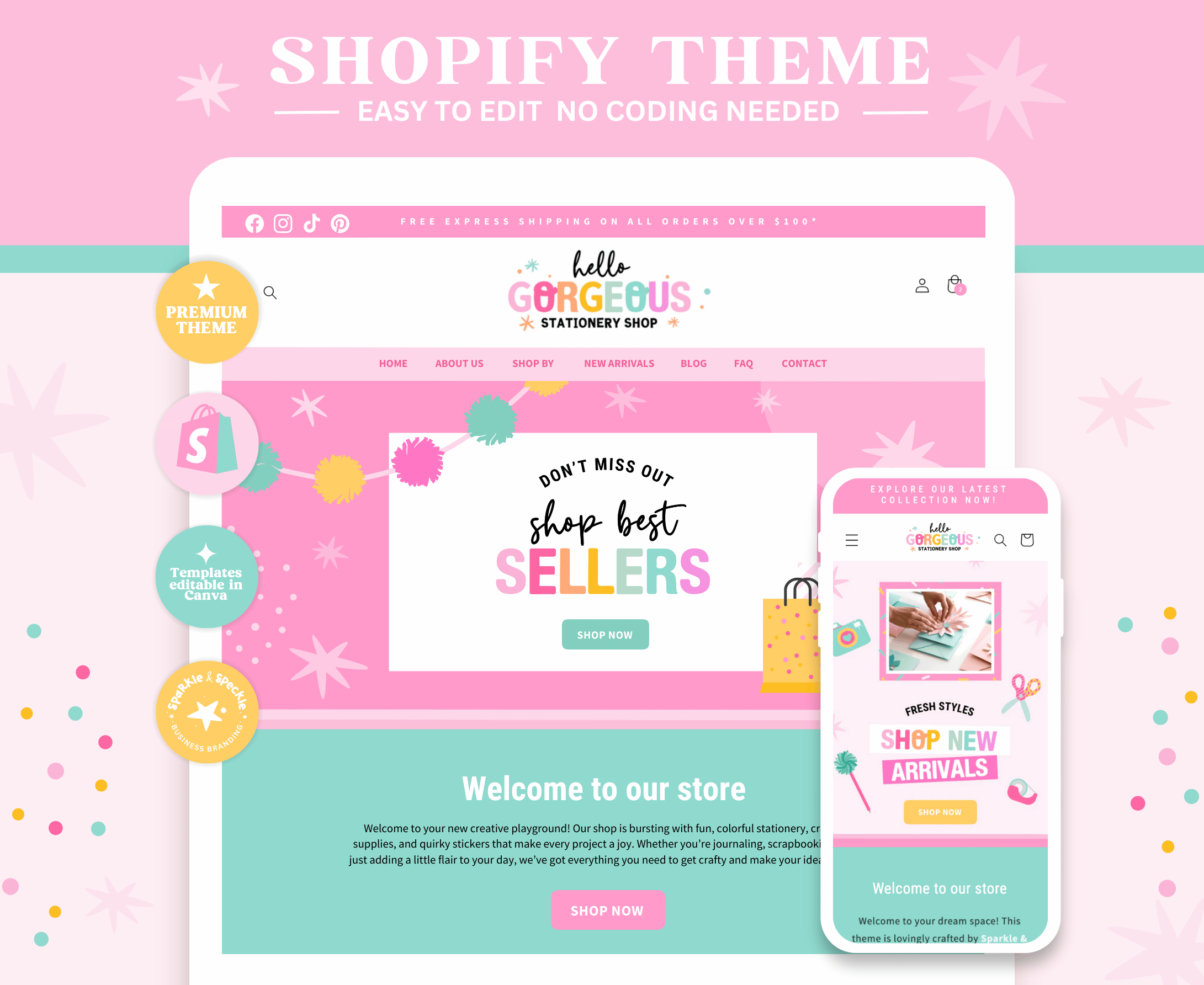 Hello Gorgeous Shopify Theme best shopify theme colorful website ecommerce website editable shopify banners graphic design online store design premium shopify theme design rainbow shopify theme shopify templates shopify theme sparkle speckle
