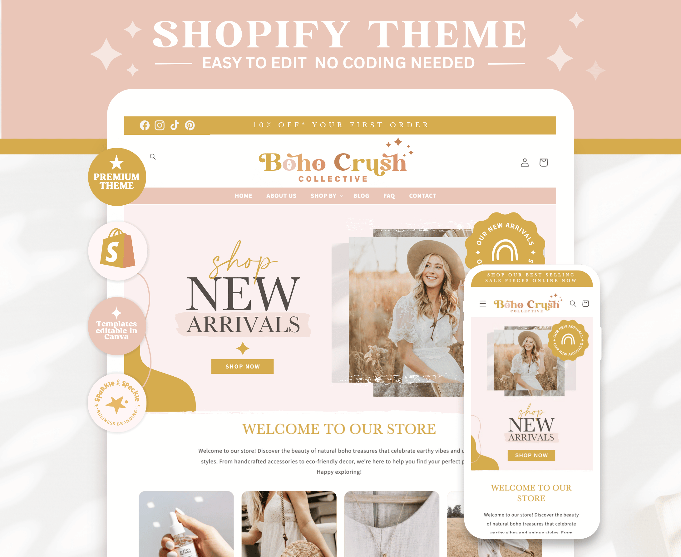 BOHO CRUSH SHOPIFY THEME best shopify theme boho shopify theme canva website ecommerce website editable shopify banners graphic design pink and mustard shopify theme premium shopify theme shopify banners shopify store shopify templates shopify theme shopify website web design templates website creation website theme