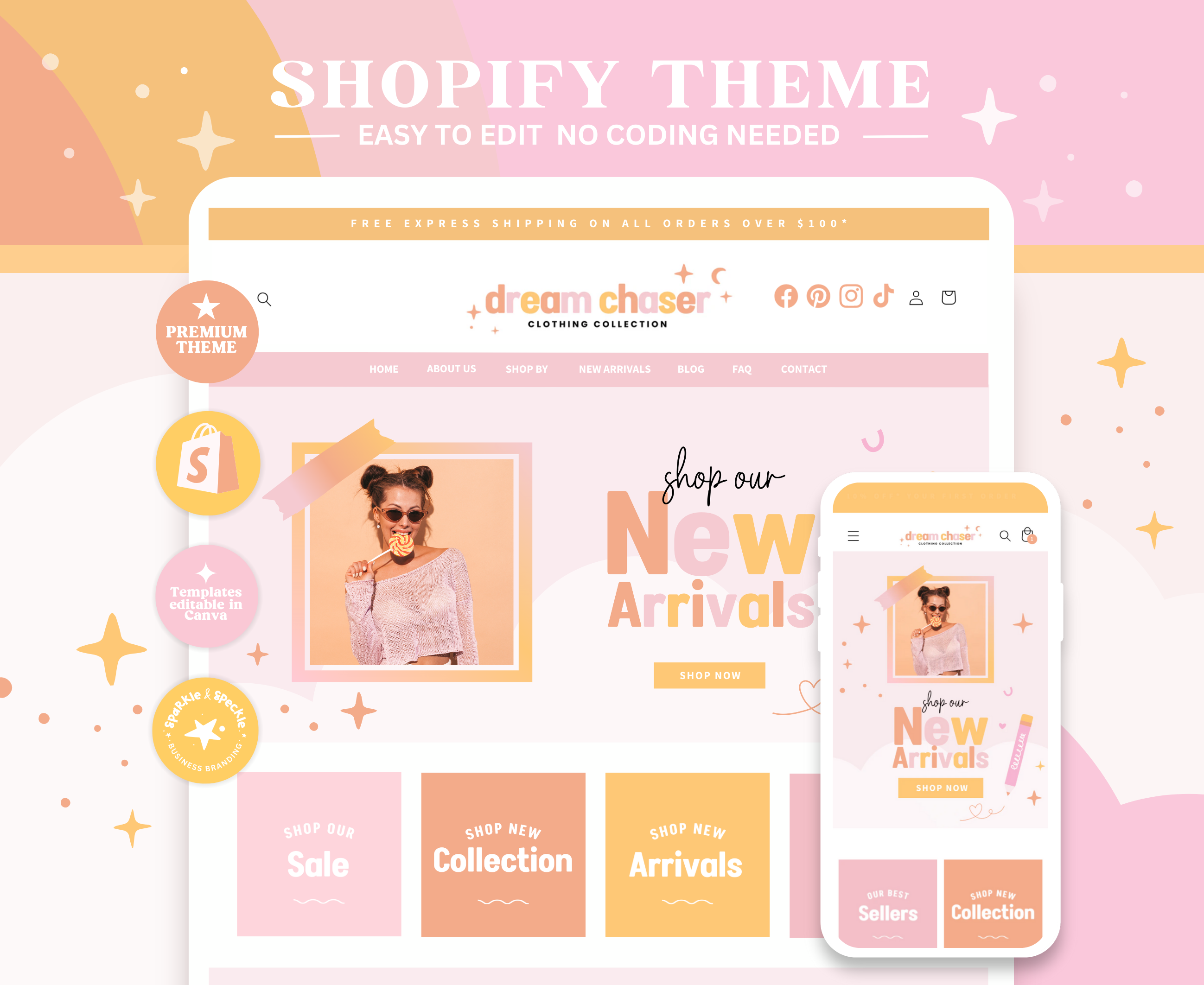 DREAM CHASER SHOPIFY THEME best shopify theme branding canva website colorful shopify theme ecommerce website editable shopify banners graphic design orange and pink shopify theme premium shopify theme shopify banners shopify store shopify templates shopify theme shopify website web design templates website creation website theme