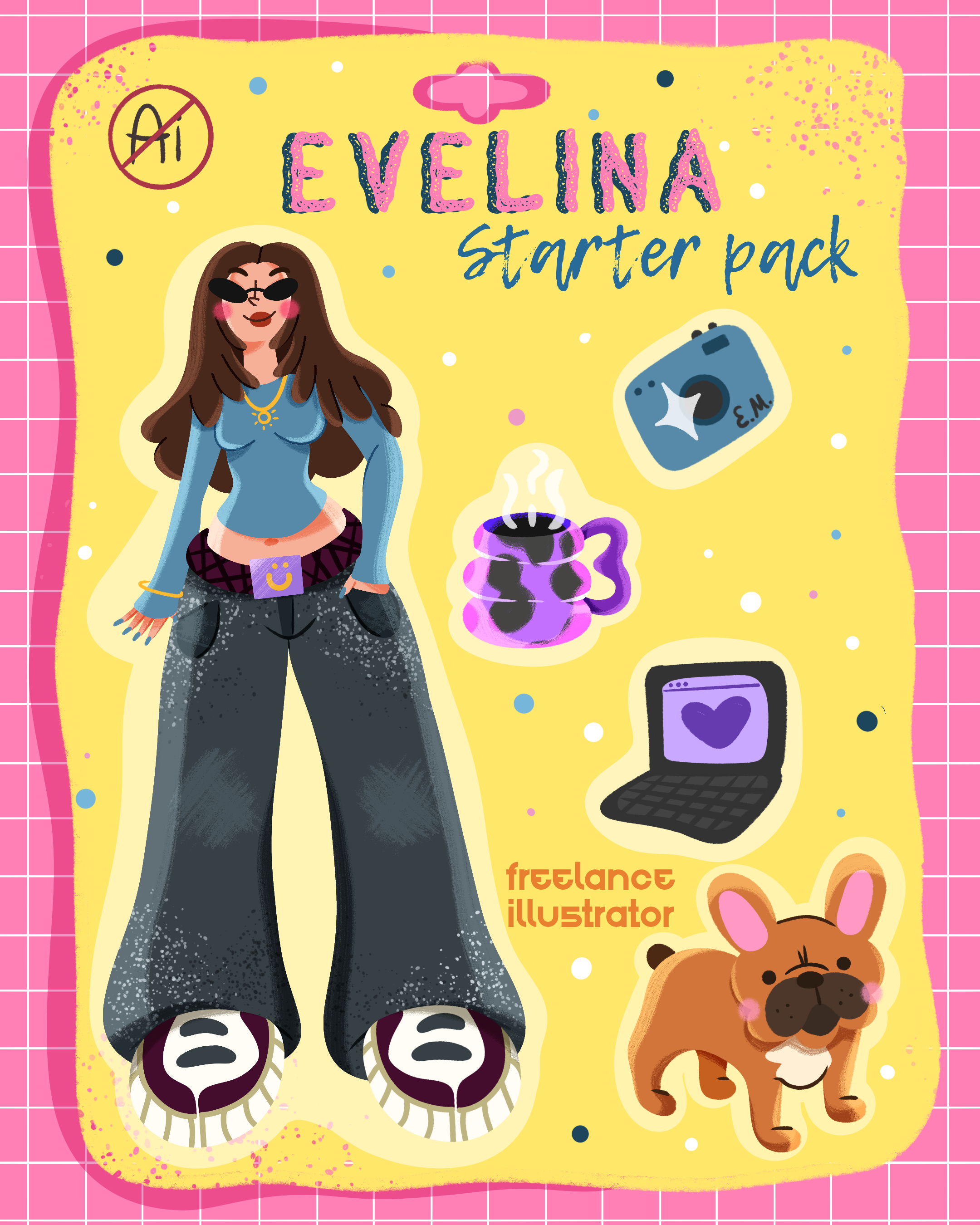 My starter pack 2d 2d art 2d illustration character design character illustration commercial design flat illustration french bulldog illustration procreate srarter pack starter pack art starter pack challenge starterpack