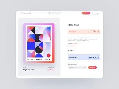 NFT auction page ada blockchain buy artwork cardano clean concept crypto nft nft auction ui web app web3