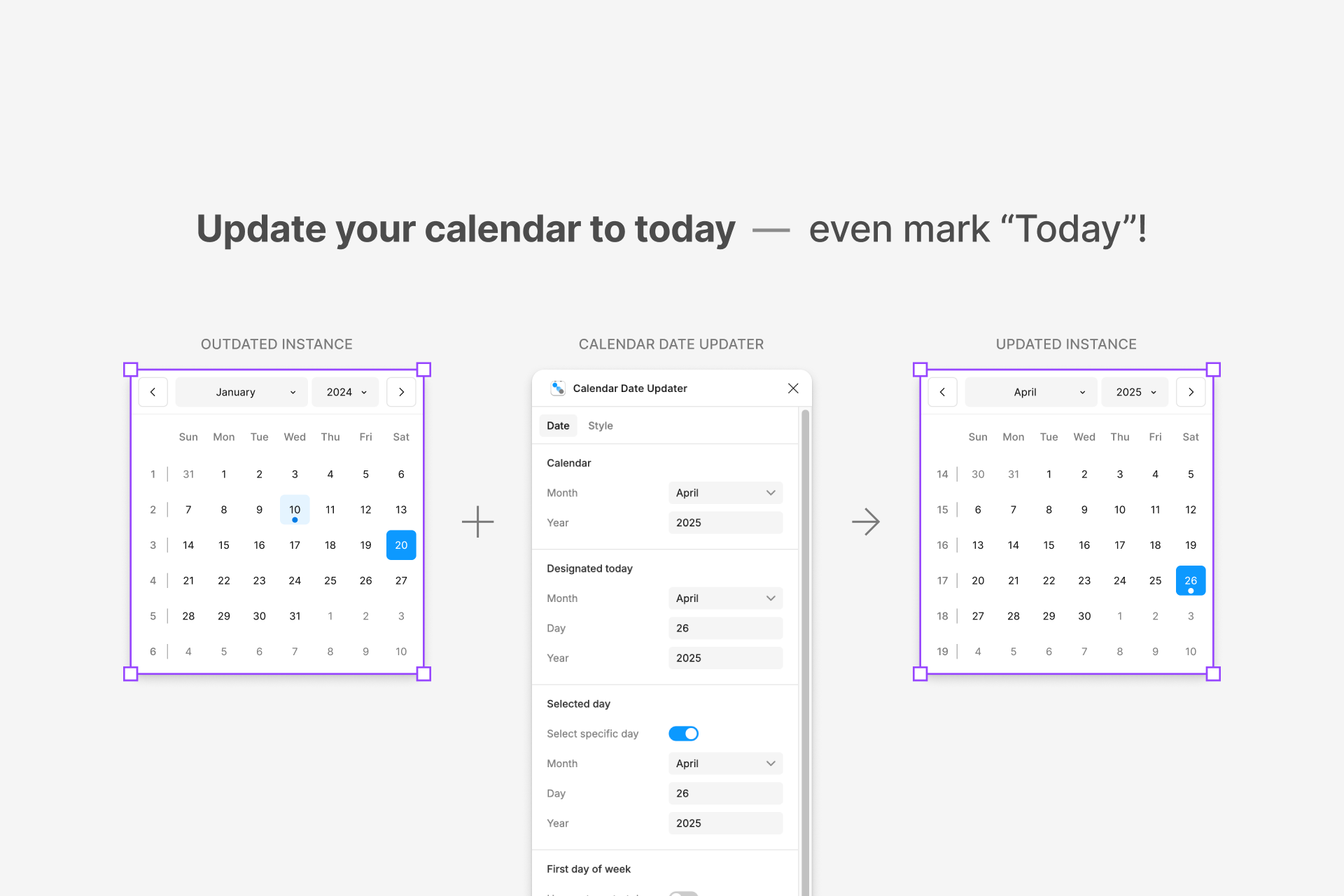 Update your calendar to today automation calendar cover date picker figma plugin ui3 workflow