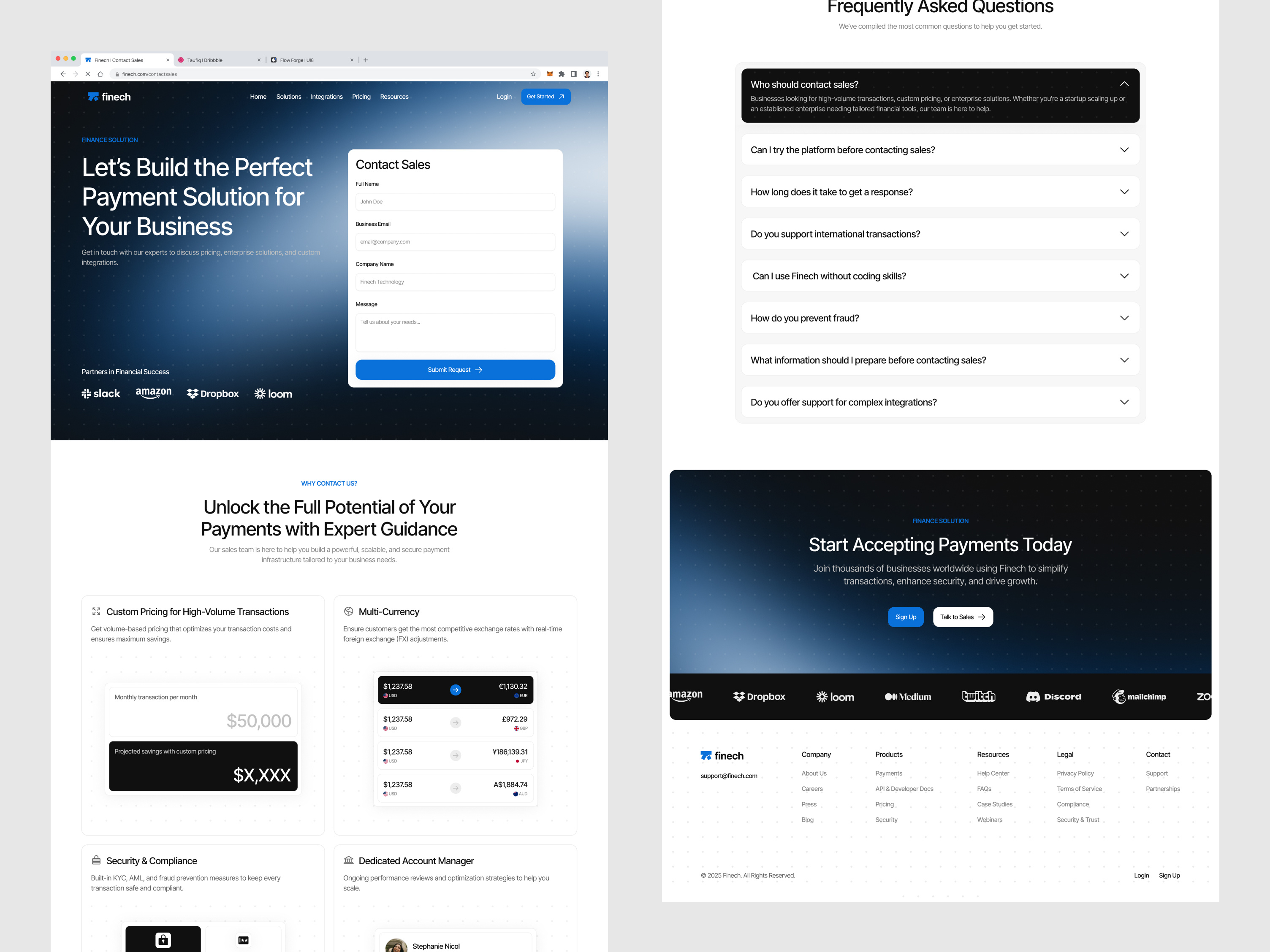 Finech UI Kit – Contact Sales Page b2b contact ui bento component contact form design contact sales customer support page digital finance finech fintech contact page fintech ui kit fintech website form landing integration lead gen form payment platform sales inquiry ui sales page ui security compliance feature transaction ui kit ui kit finance
