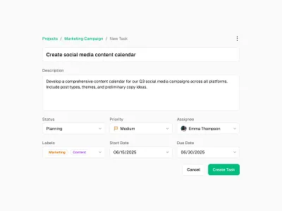 Create Task 📝 button design input menu minimal saas select textarea ui web design