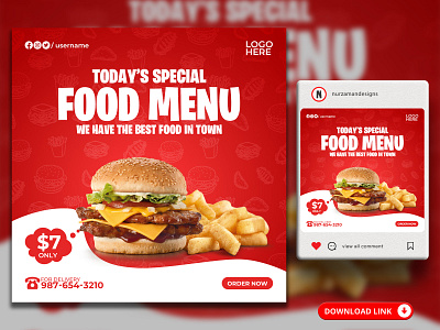 Delicious Food Menu Social Media Banner Templates 3d ads design animation banner food flyer food menu food offer graphic design instagram post motion graphics promotional ads red restaurant banner restaurant flyer restaurant menu restaurant offer restaurant template social media ui web banner
