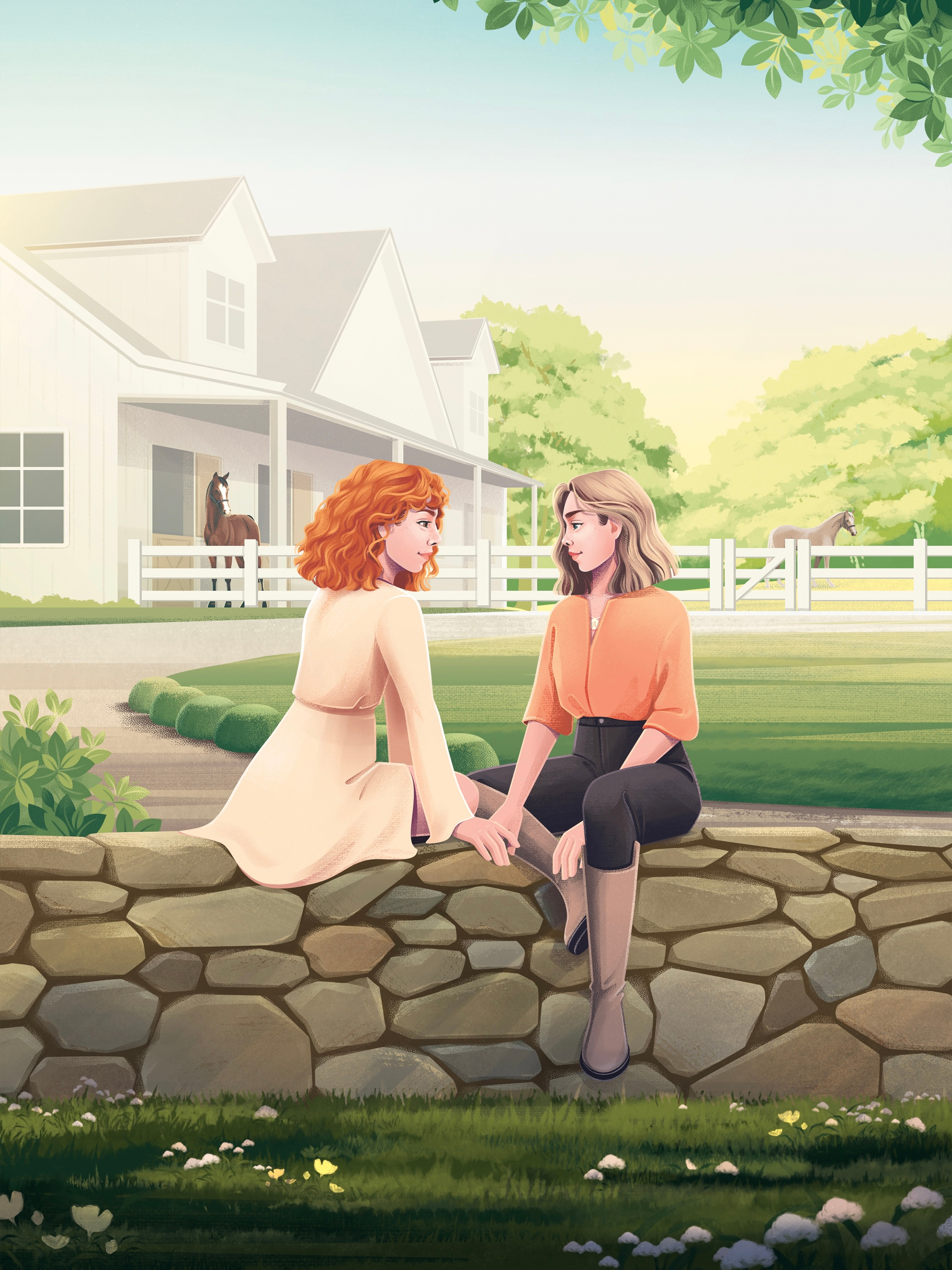 Saddlehill Academy Book #3 rejected cover barn book cover character colorful cover art equestrian friendship girl horse illustration lawn stables stone fence texture trees