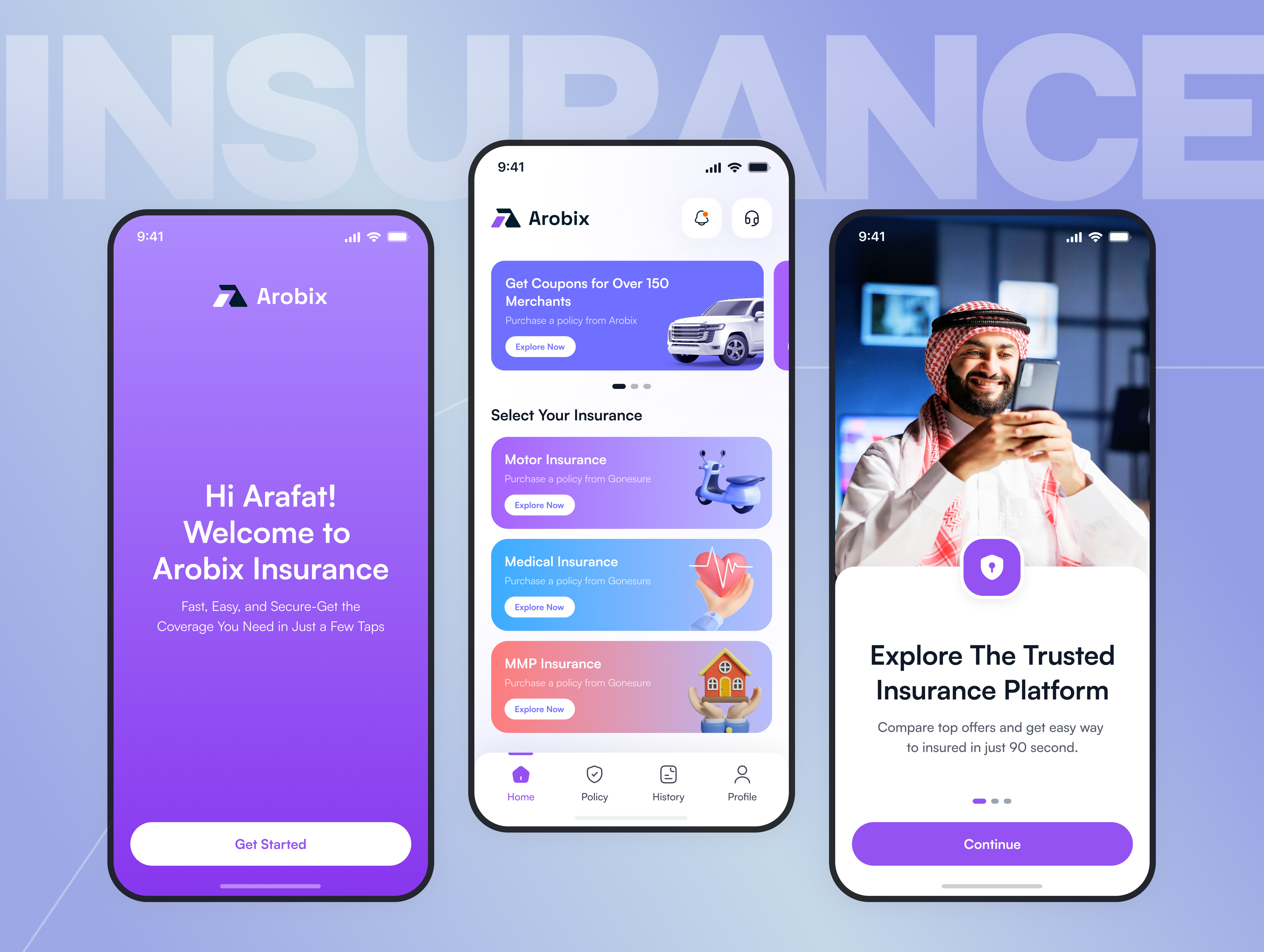 Arobix - Insurance App Mobile Design app app design app ui application design health insurance home insurance insurance insurance app insurance app design insurance management insurance mobile app minimal design mobile app mobile app design policy ui ux