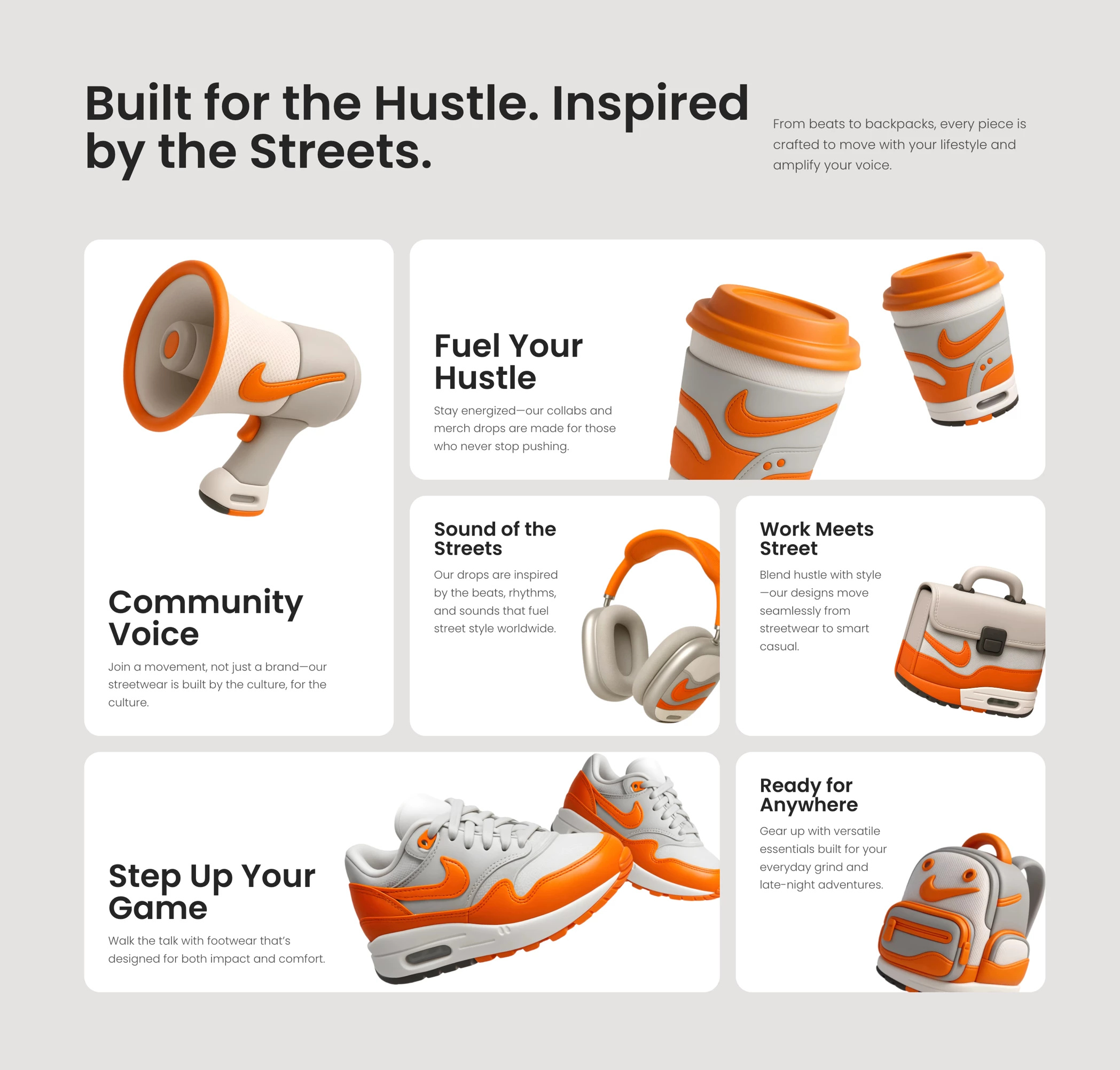 Bento grid website section for Framer 3d bento block cards cta framer graphic design grid header home page icon icons illustration landing orange shoes sneaker ui webdesign website