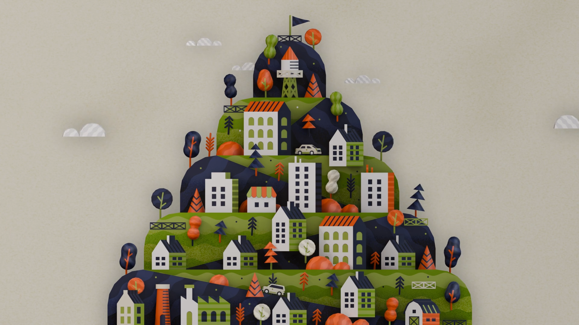 Hillside Town Animated 3D Illustration 3d afternoon animation blender buildings city clouds day eevee exterior hills houses illustration landscape motion graphics nature outside town trees village