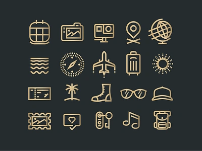 Travel Icon Set backpack camera date fly globe graphic design hat holiday icon key location ocean palm suitcase sun ticket ui vacation visit waves