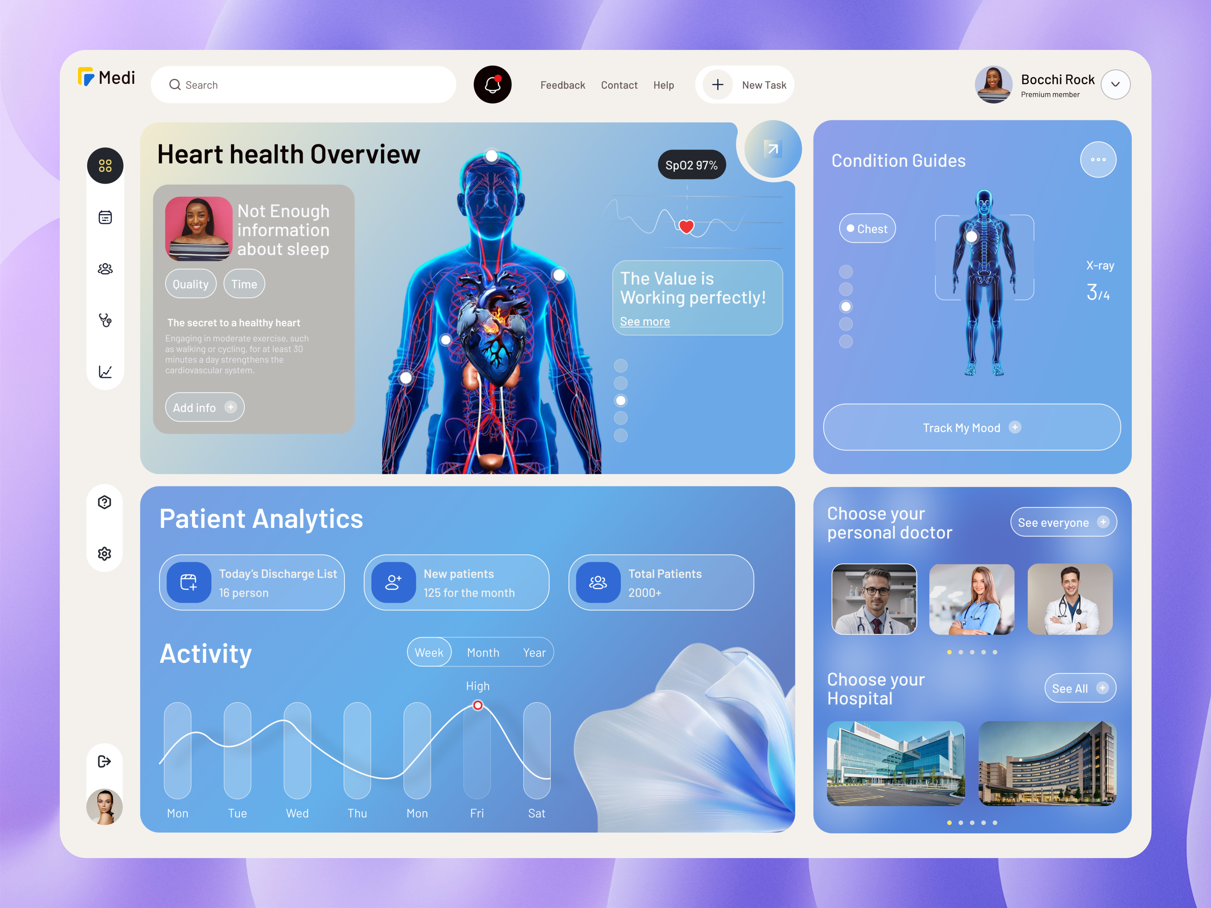 Medi - Patient Health Insight admin panel clinic diagnostic digital health doctor appointment healthcare healthmonitoring healthsolutions healthtech homepage hospital management patientcare product ui record label saas
