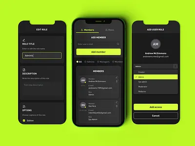 Team Roles UI dark interface ios lime members mobile roles screen team ui ux vibrant