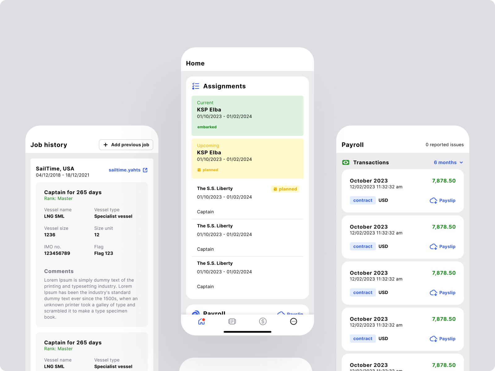 Crew Portal - home assignments bookings concept crew management enterprise app erp homepage maritime mobile app sailor travel ui ux