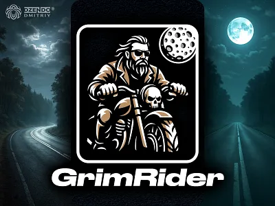Grim Rider logo badass logo biker logo bold logo design brand identity branding branding logo custom motorcycle logo dark aesthetic branding freedom logo grim reaper style logo moonlight logo motorcycle logo night road logo professional logo design rider emblem skull logo