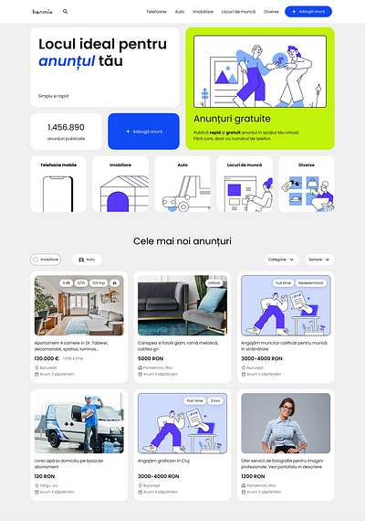 Hermix bento box branding classifieds graphic design hermix romania ui ui cards ux website