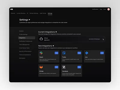 API Settings Dark mode black dashboard ui ux web white