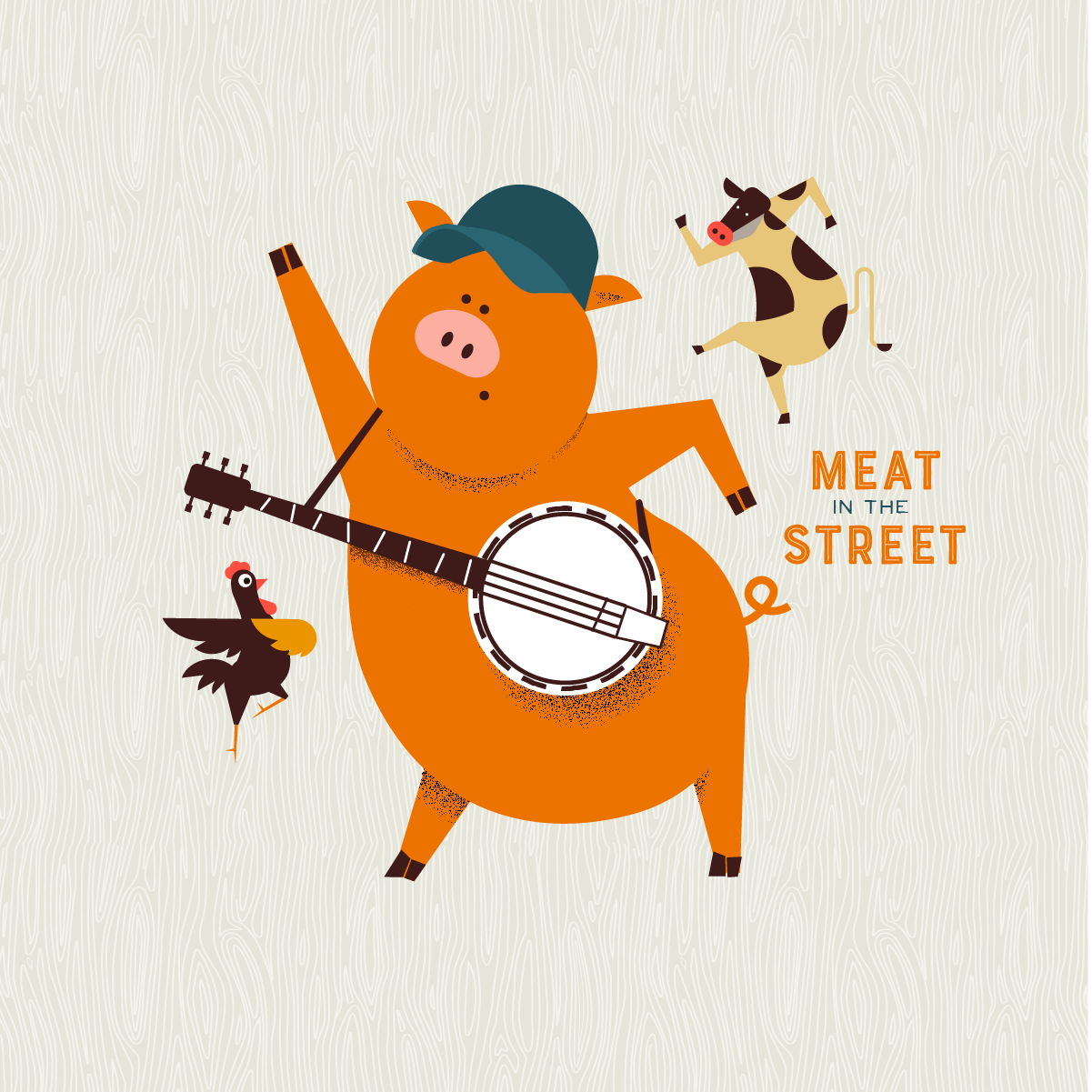 Meat in the Street Celebration anniversary barbecue bbq chicken cow dancing design party pig poster poster design
