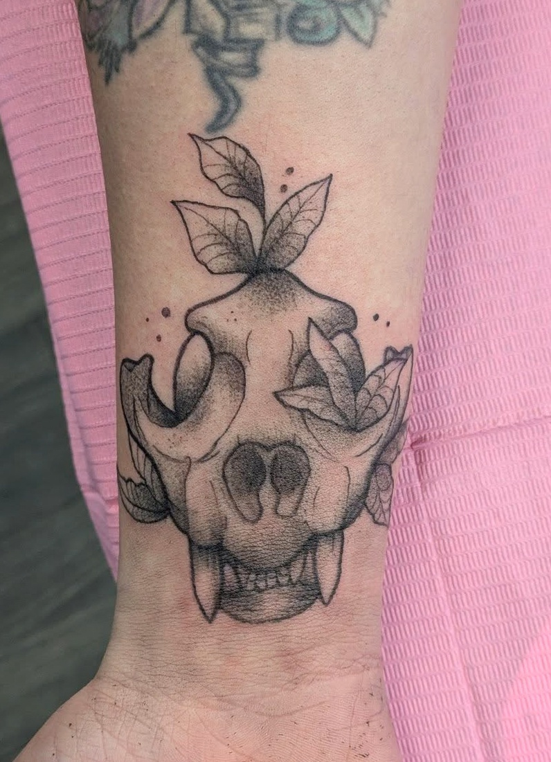 Cat skull. animalskull blackandgrey cat catskull leaf skull stippleshade tattoo tattoos uktattoo
