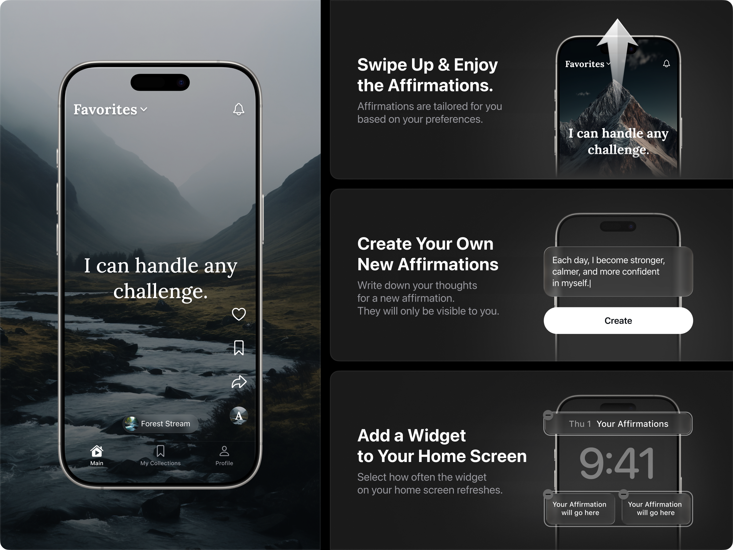 Affirmation App Interface - Bento Grid affirmation app background collections dark feed focus harmony iphone mix mobile mockup nature playing reels shorts sound ui ux сalm