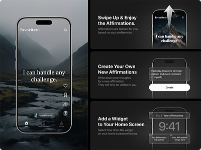 Affirmation App Interface affirmation app background collections dark feed focus harmony iphone mix mobile mockup nature playing reels shorts sound ui ux сalm