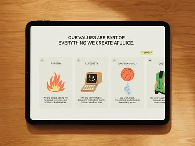 Values Section - Juice Website badge brand illustration brand illustrations branding computer design graphic design illustration illustrations illustrative ipad mockup logo typography value section values vector web design web designs