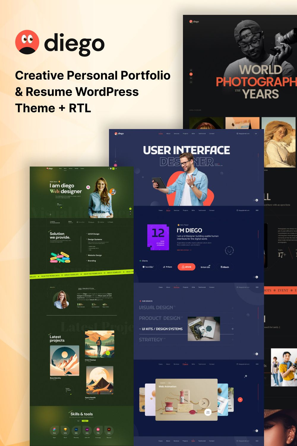 Diego – Creative Personal Portfolio & Resume WordPress Theme agency clean creative cv designer developer freelancer minimal modern photographer