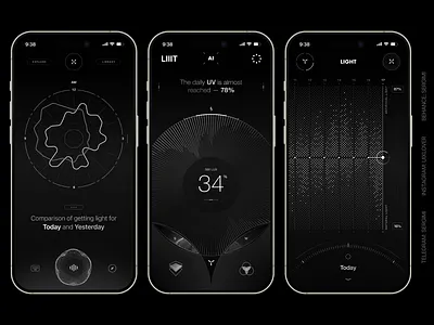 Light & UV Tracker App animation app black dark design device graph info light lighting lux meter mobile neomorphism smart ui