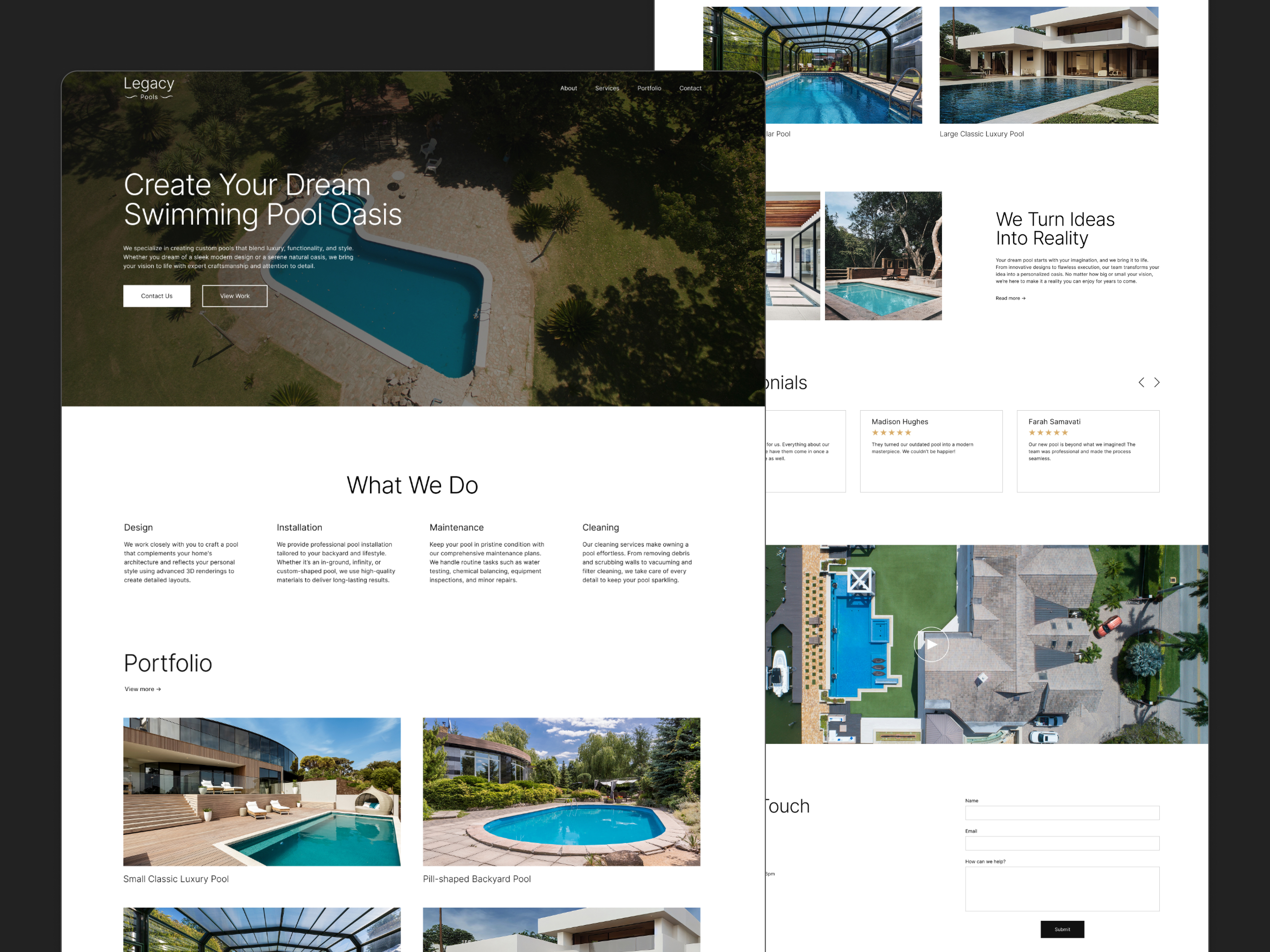 Pool Company Website clean home improvement landing page light theme luxury pool pool builder pool cleaning pool company pool services pools swimming cool services swimming pool ui uiux ux web design website design