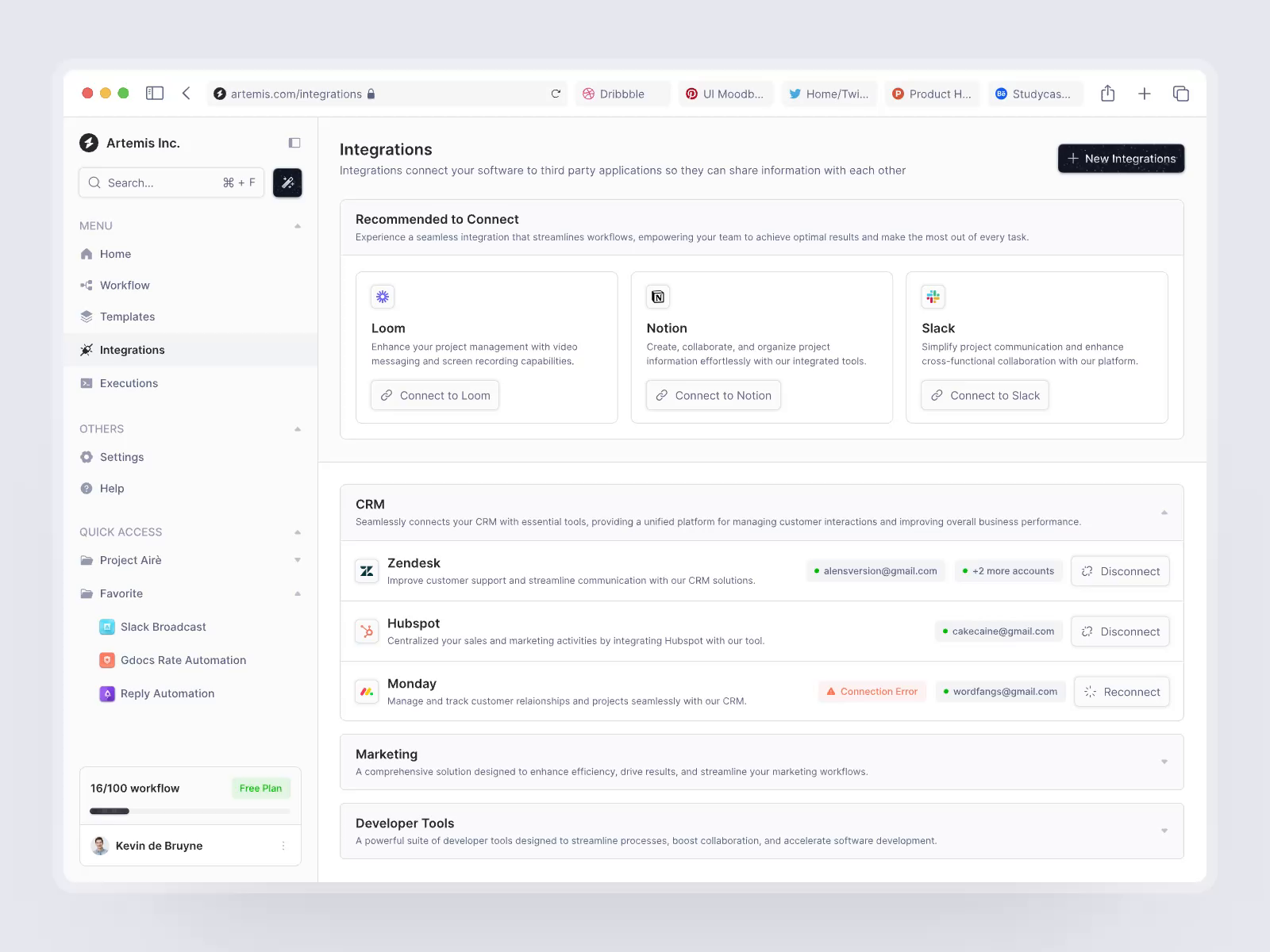 Example of Artemis - Integration Page animation