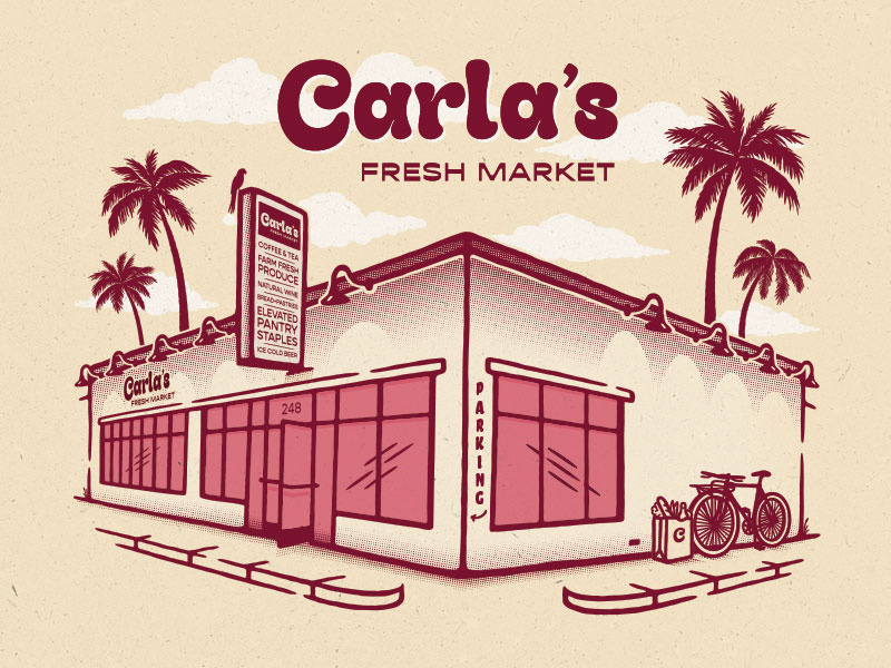 Carla's Market illustration architectural illustration bike bodega branding graphic design grocery store highland park illustration los angeles market natural foods nela palm trees parrot socal vector