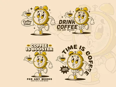 Alarm clock mascot character holding a coffee cup caffeine artwork
