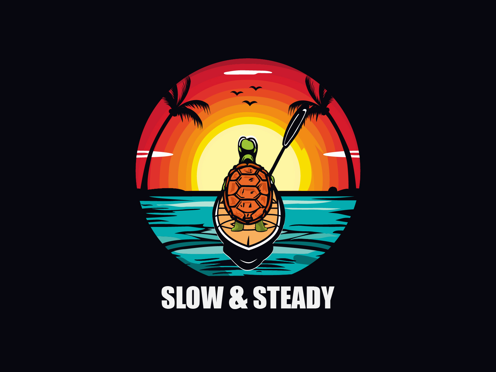Retro Sunset Graphic Tee, Turtle Kayaking Sunset T-Shirt Design adventure beach chill vibes graphic illustration kayak outdoor retro slow and steady summer sunset t shirt t shirt design turtle turtle t shirt design