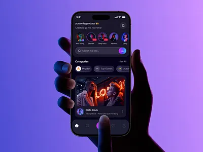 Live Streaming & Social Media App Design application apps blue clean design dark mode dark ui graphic design illustration ios live live streaming live streaming mobile app minimal mobile app stream trending uiux video streaming