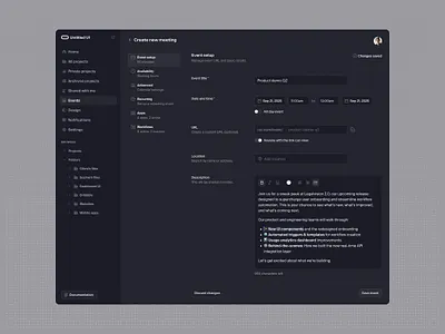 Event setup — Untitled UI calendar darkmode event product design settings tabs ui design user interface