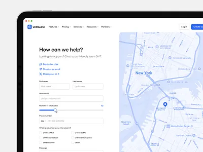 How can we help? — Untitled UI contact form contact page contact us lead generation map web design