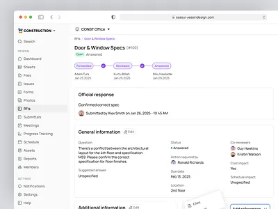 RFIs Details UI – Construction Management SaaS Web App b2bdesign clean saas complex saas ui constructiontech minimal saas ui minimal web app productdesign projectmanagementui rfis construction rfis details rfis saas rfis ui saas product saas web app uxforconstruction web app details webappdesign