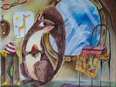 squirrel animal book book illustration cartoon character children cold color pencil drawing illustration interior pencil portrait sketch sketchbook tree tree hollow window winter