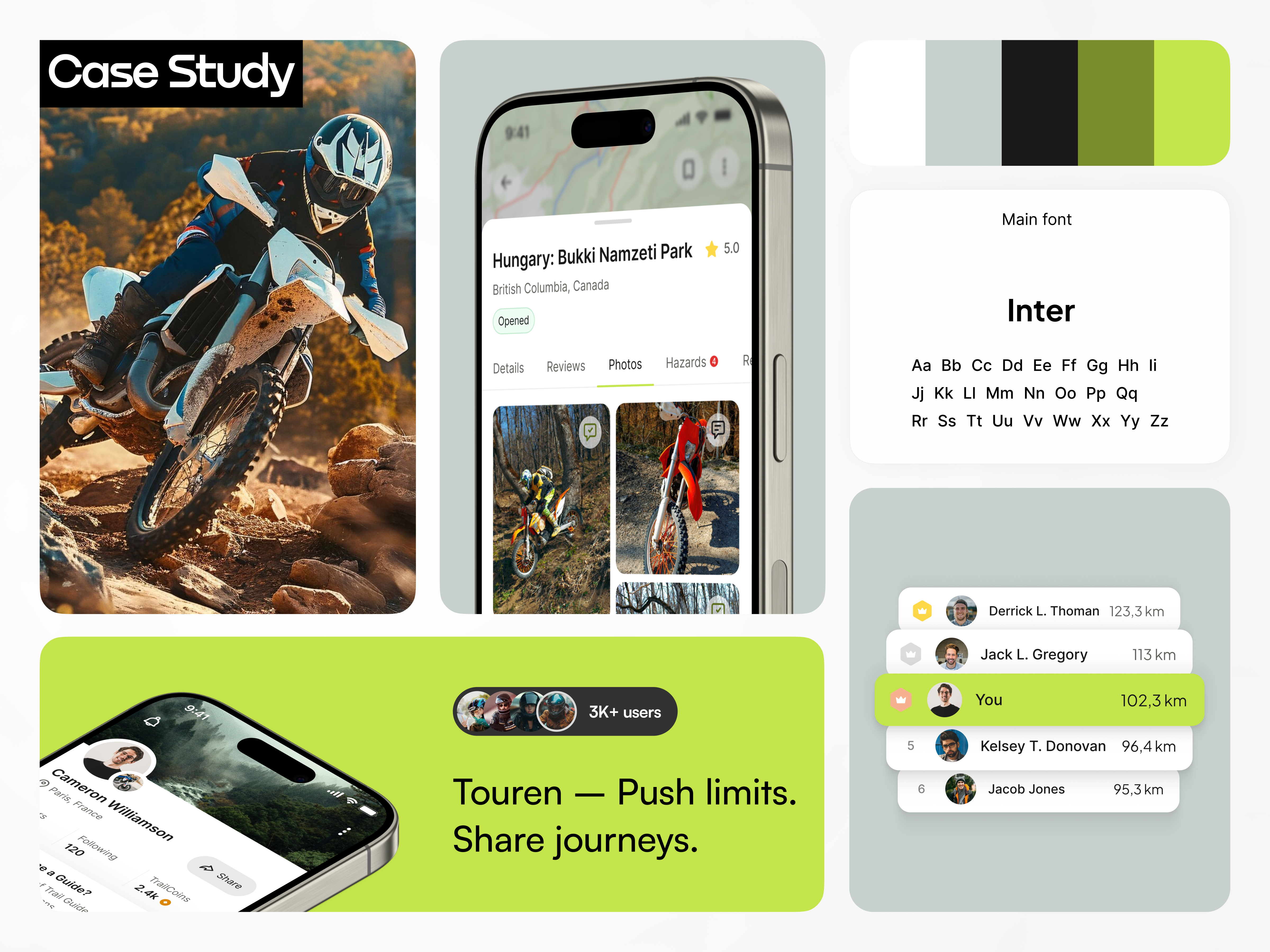 Touren – Trail Navigation App animation branding design hazard leaderboard light map minimalistic mobile mobile app navigation off road trail riders trail navigation trails ui user profile ux web website