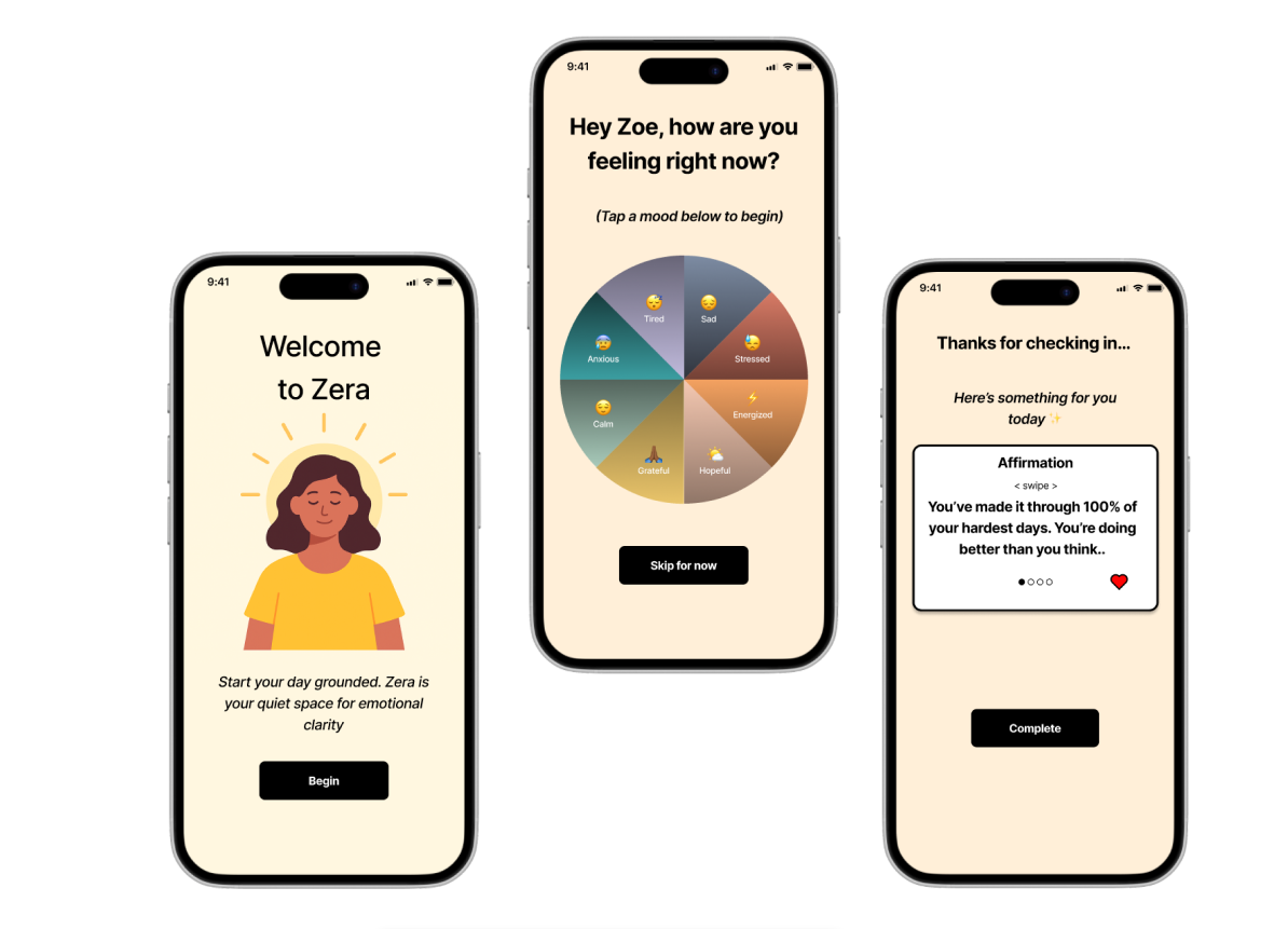 Zera – Calm Emotional Check-In Flow for Wellness App designchallenge emotionaldesign minimalux mobileui productdesign uxdesign wellnessapp