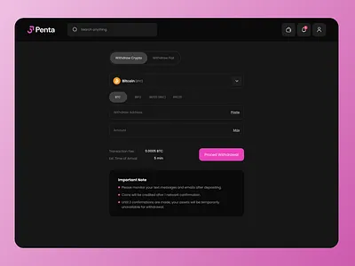 Crypto Withdrawal UI — Sleek Dark Mode for Secure Transactions cryptoui dark darkmode fintech inspiration pink product shot sleek uidesign ux web3 withdraw