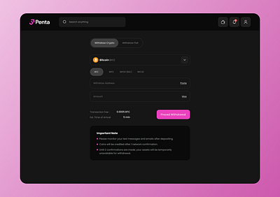 Crypto Withdrawal UI — Sleek Dark Mode for Secure Transactions dark darkmode dashboard graphic design pink ui withdraw