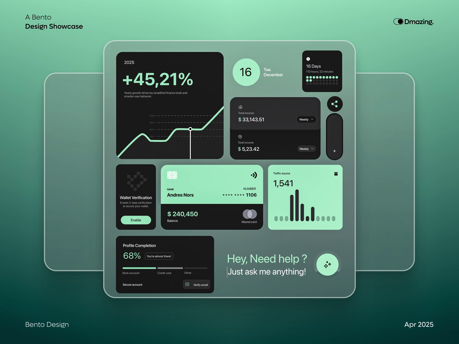 Example of Bento Design — Data Cards in Midnight Mode