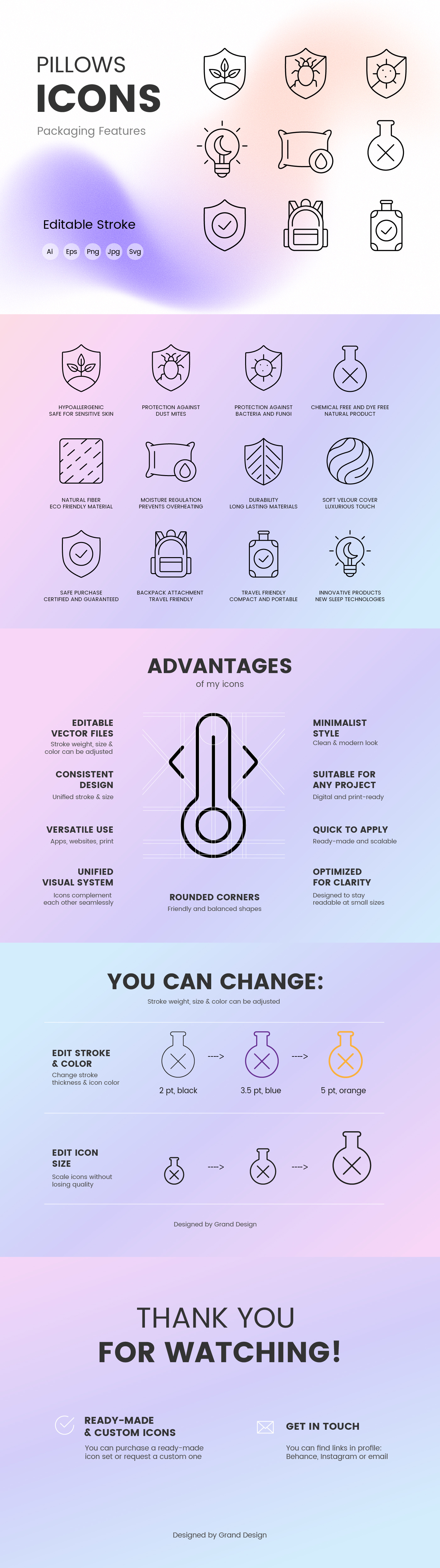 Pillow Packaging Icons – Clean Line Style for Product Features black design editable stroke icons illustration line minimalist pillows