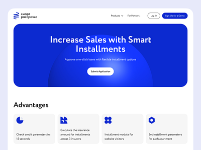 Smart Installments Hero Header blue clean fintech hero section icons installment landingpage minimal moderndesign proptech smartinstallment uidesign uiux webdesign