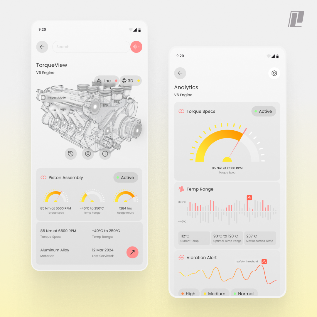 🔧 TorqueView – V6 Engine Analytics App 3d animation branding design framer graphic design illustration logo ui vector