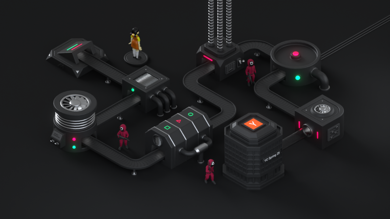 Squid Game for Startups Animation 3d 3dart animation blender building competition conveyor belt factory funding game illustration isometric machine motion graphics production line render seed squid game startup y combinator